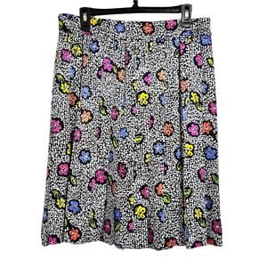 Vintage Pleated Skirt Abstract Floral Black White Print Knee Length sz 14 Large